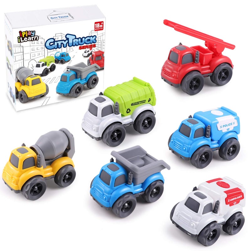iPlay, iLearn 6PCS Friction Cars Toy for Toddlers 1-3, Small Push Go Construction Truck Kid Age 2-4, Mini Play Vehicle Dump Garbage Fire Truck, Birthday Stocking Gift Cake Topper 12 18 Month Boy Girl - Image 1